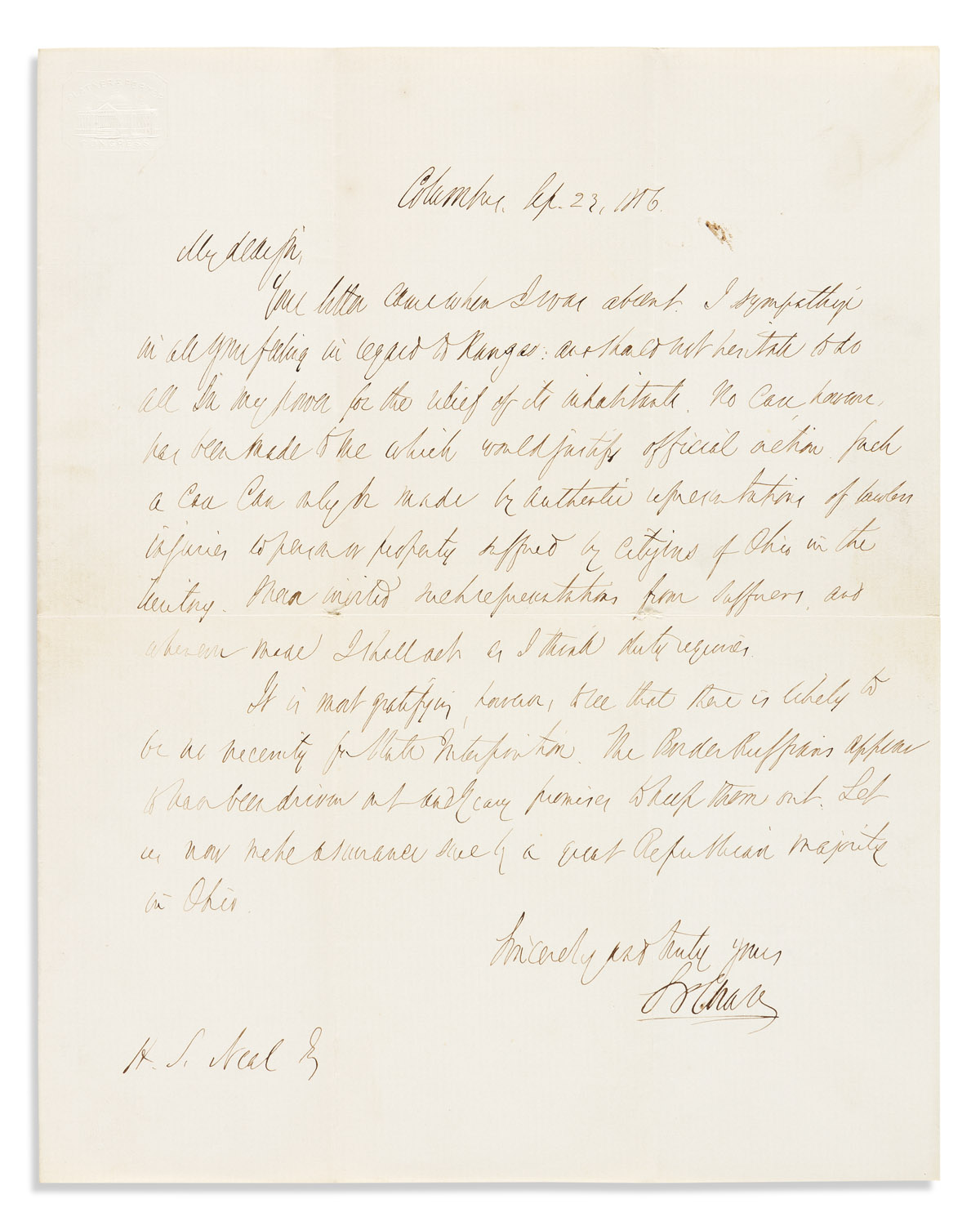 CHASE, SALMON P. Autograph Letter Signed, S.P. Chase, as Governor, to Henry S. Neal,